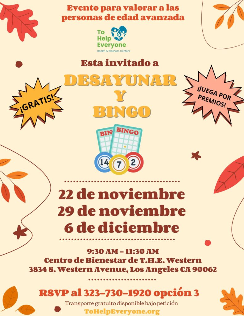 Flyer with Fall leaves and Bingo graphics announcing details of Breakfast Bingo event for seniors